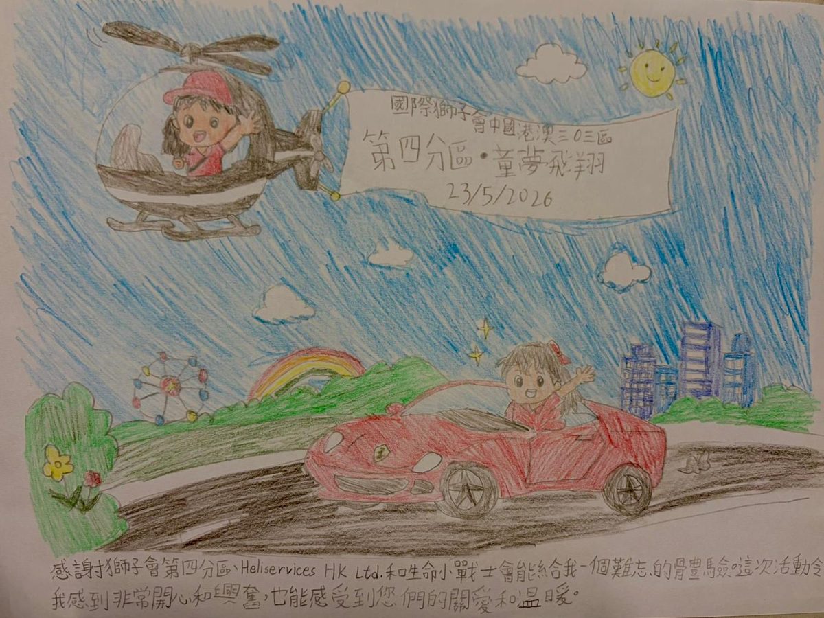 小戰士繪畫的感謝圖，畫中有直升機、紅色跑車、彩虹與太陽