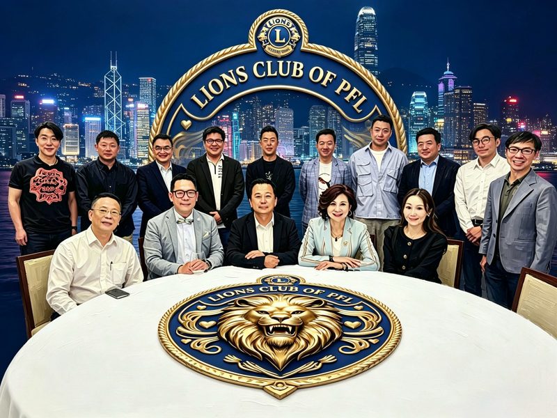 獅友於首場創會籌備會議合照，背景為維多利亞港夜景及會徽