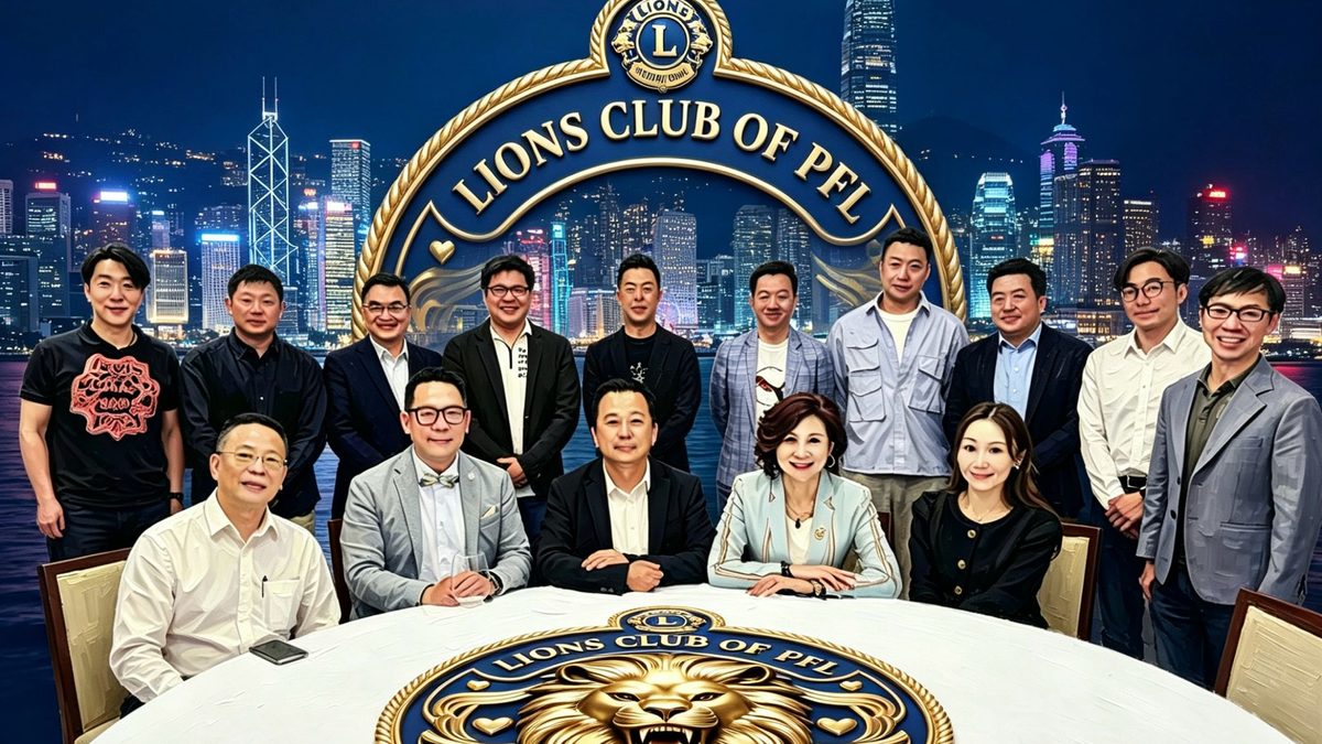 獅友於首場創會籌備會議合照，背景為維多利亞港夜景及會徽